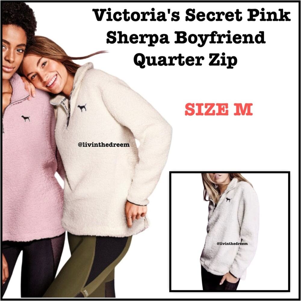 #T5  Victoria's Secret Pink Sherpa Boyfriend Quarter Zip Sweater Pullover M $79